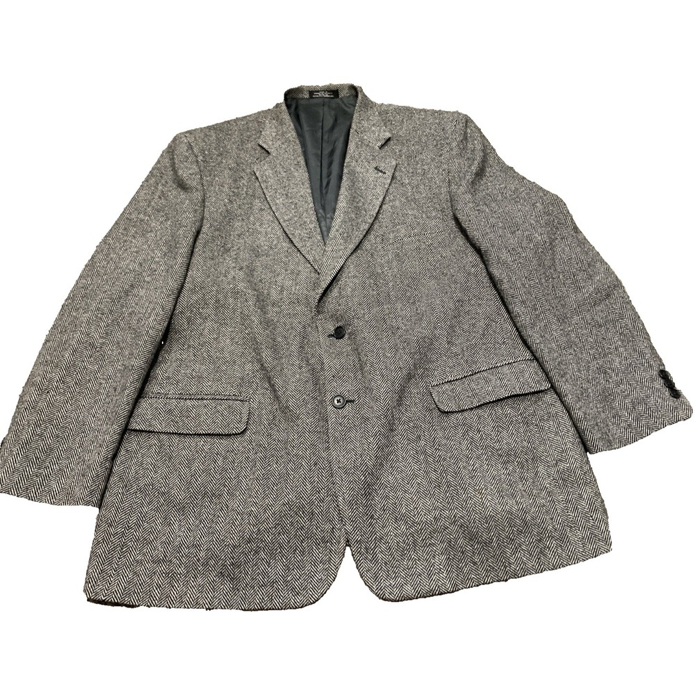Towncraft Mens 48R Wool Lambswool Herringbone Sport Coat Blazer Gray Black